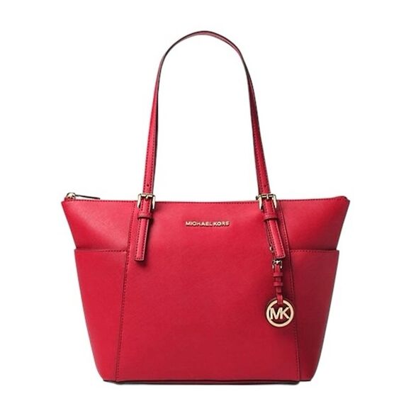 Michael Kors Jet Set Large Cherry Red Leather Tote Bag...